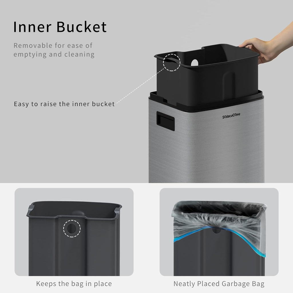 8 Gallon Stainless Steel Garbage Can with Removable Inner Bucket,30L Kitchen Trash Can with Press Top Lid(Brushed Gray)