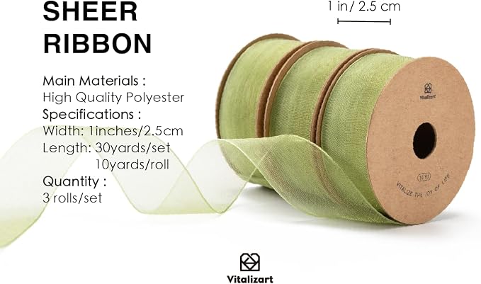 Vitalizart Sage Green Ribbon Organza Sheer Ribbon 1 inch x 30 Yd Handmade - Image 2