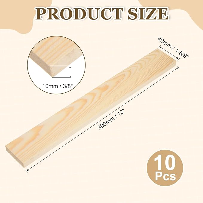 MECCANIXITY 10Pcs Wood Strips Slats, 3/8" x 1‑5/8" x 12" Thin Wood Sticks Flat - Image 2