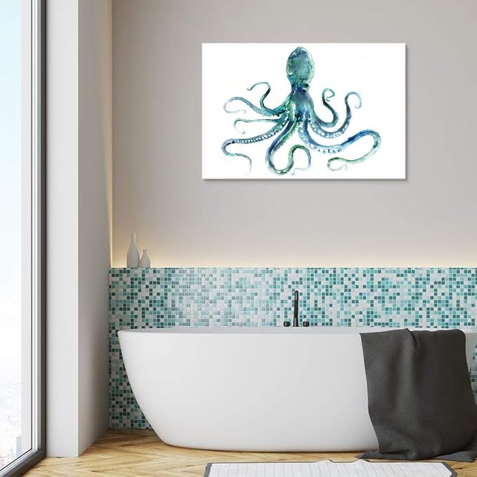 JAPO ART Blue Octopus Bathroom Decor Canvas Wall Art by Edward Selkirk Coastal - Image 5