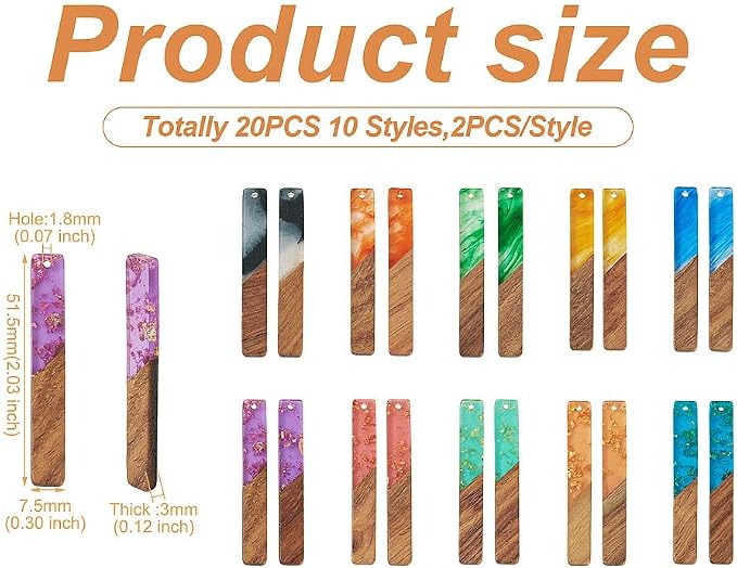 FASHEWELRY 20Pcs Resin Wood Earring Charms Rectangle Wooden Earring Blanks Bar - Image 6