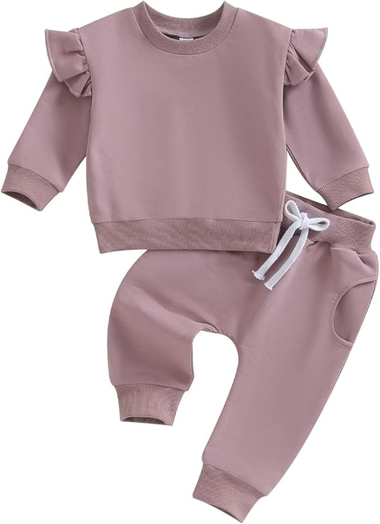 Fernvia Toddler Baby Girl Clothes 3 6 9 12 18 24 Months Fall Outfits Solid Long Sleeve Sweatshirt Tops + Pants Set