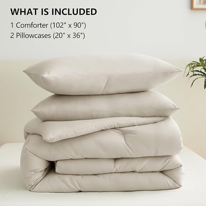 CozyLux Beige King Size Comforter Set, 3 Pieces Solid Breathable Quilted Style - Image 7