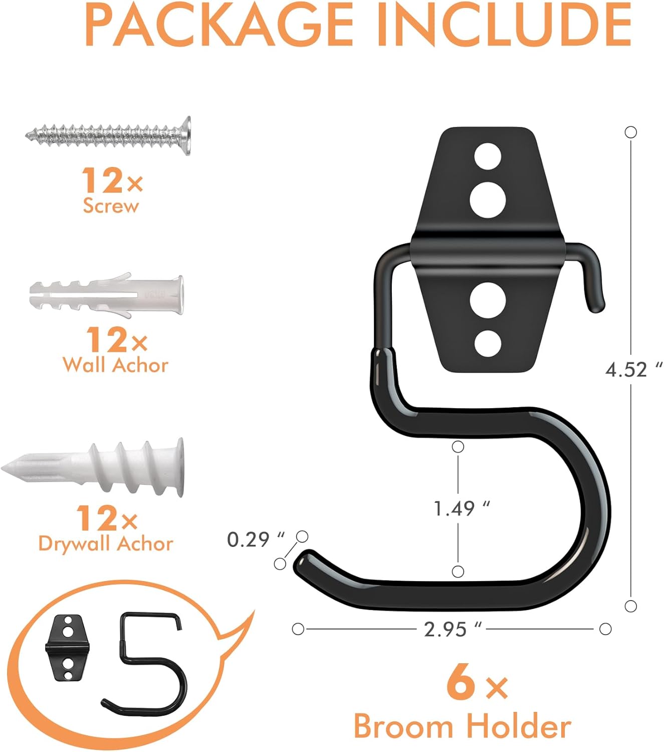 LIGHT DUST Broom Holder Wall Mount - 12 Pack Tool Hangers Garage Wall Hanging Organizer - Heavy Duty Metal Large S Hooks for Mop Shovel Rake Shed Garden Lawn Yard Handle Tools Organization (Black)