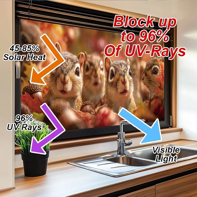 Autumn Squirrel Window Film 17.7 x 39.3 Inch Static Cling Fall Leaves Acorns - Image 4