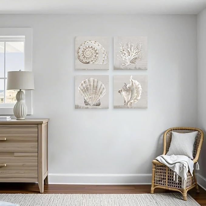 JAPO ART White Sea Shells Pictures Coral Wall Decor Beach Canvas Wall Art - Image 3