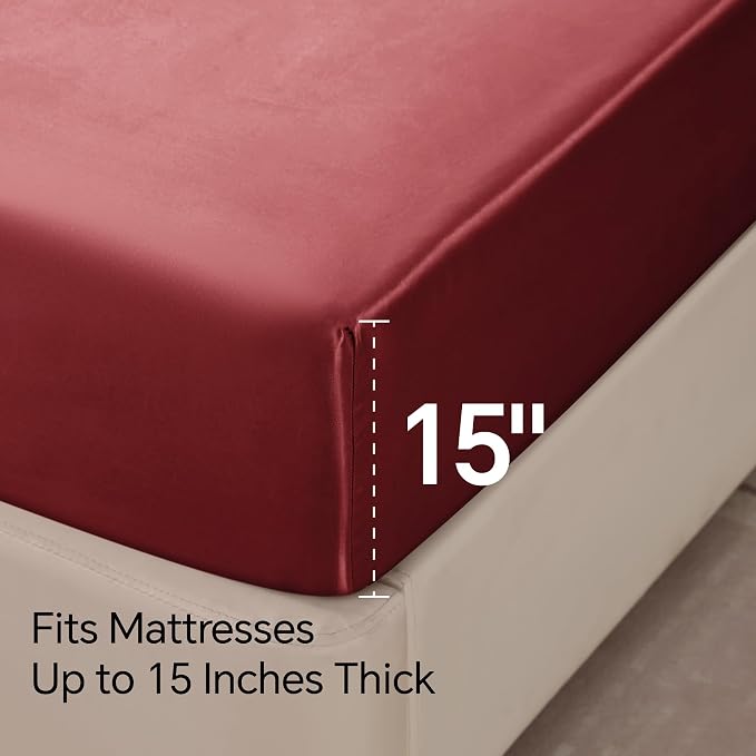 BEDELITE California King Sheets Set, Luxury Soft Burgundy Satin Sheets - Image 6