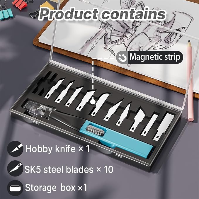 Precision Craft Knife Set – 10 Carbon Steel Blades, Hidden Blade Storage Handle - Image 3