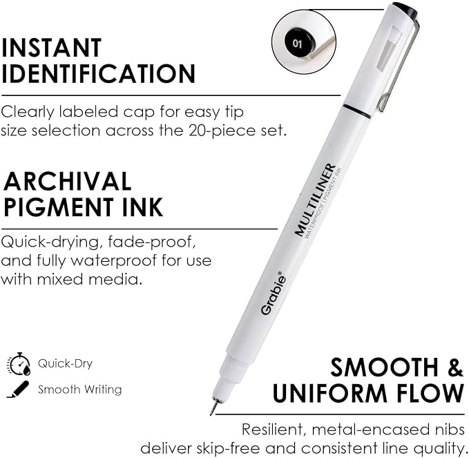 Grabie Micro Fineliner Pens, 6 Black Fine Line Waterproof Drawing Pens - Image 2