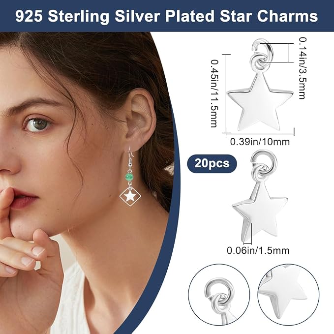 Beebeecraft 1 Box 20Pcs 925 Sterling Silver Plated Star Charms Metal Pentagram - Image 2