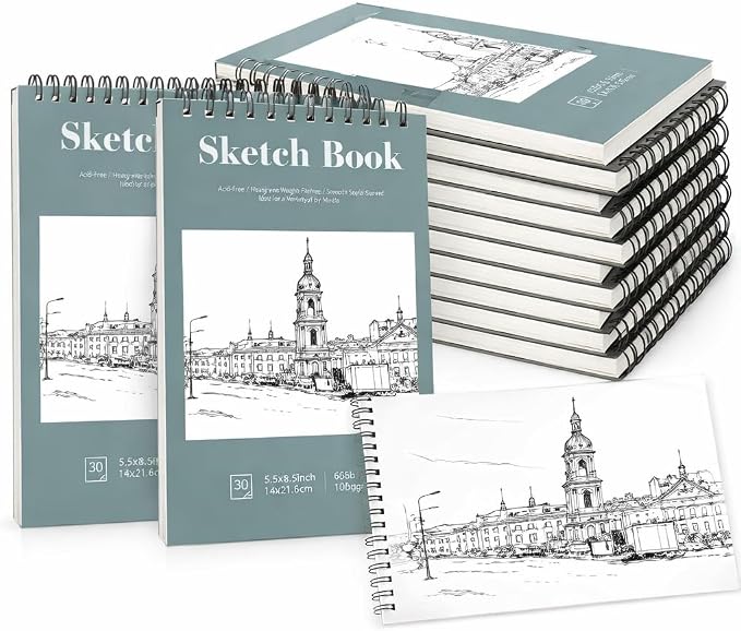 12 Pack Sketch Book, 5.5 x 8.5 Inch Sketchbook, 68lb/100gsm Top Spiral Bound by Prudiut