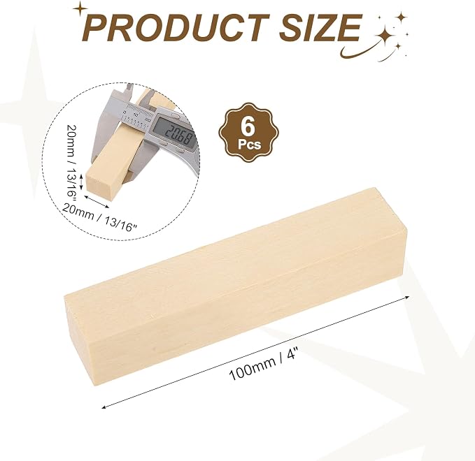MECCANIXITY 6Pcs Basswood Sticks, 13/16" x 13/16" x 4" Square Wooden Dowel Rods - Image 2