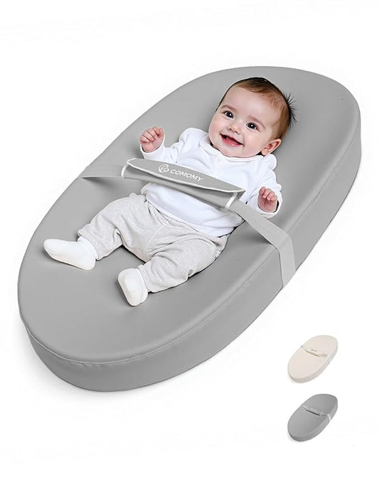 COMOMY Baby Changing Pad with Wipeable & Waterproof PU Cover, Contoured Diaper Changing Pad for Dresser with Non-Slip Safety Belt, Portable and Lightweight, Large Cushioned Foam, Gray
