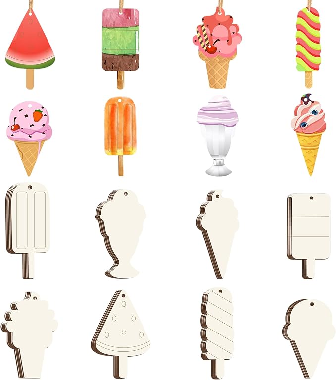 40Pcs Ice Cream Unfinished Wooden 8 Style Cutouts Ornaments DIY Craft Paintable by Tmflexe