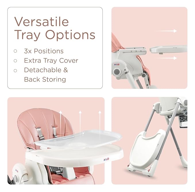 KÜB 3-in-1 Foldable Baby High Chair | 7 Height & 4 Recline Adjustable | Removable Seat & Tray for Easy Clean | 2 Locking Wheels | Multifunctional Infant High chairs for Babies and Toddlers Girl (Pink)