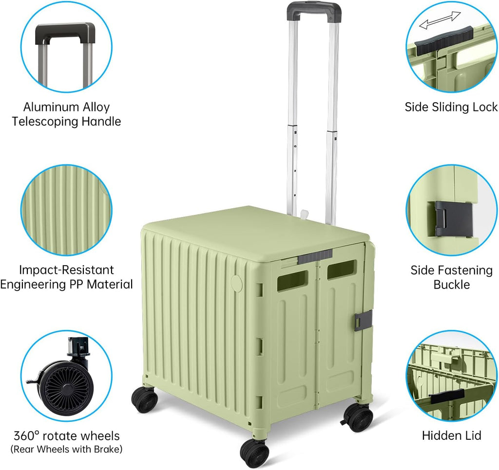 Heavy Duty Rolling Cart for Stairs：Collapsible Utility Crate with Wheels & Handle Foldable Tote Box for Toolbox Trade Show Supplies Teachers TODAYGO Mobile Storage Cart with Lid