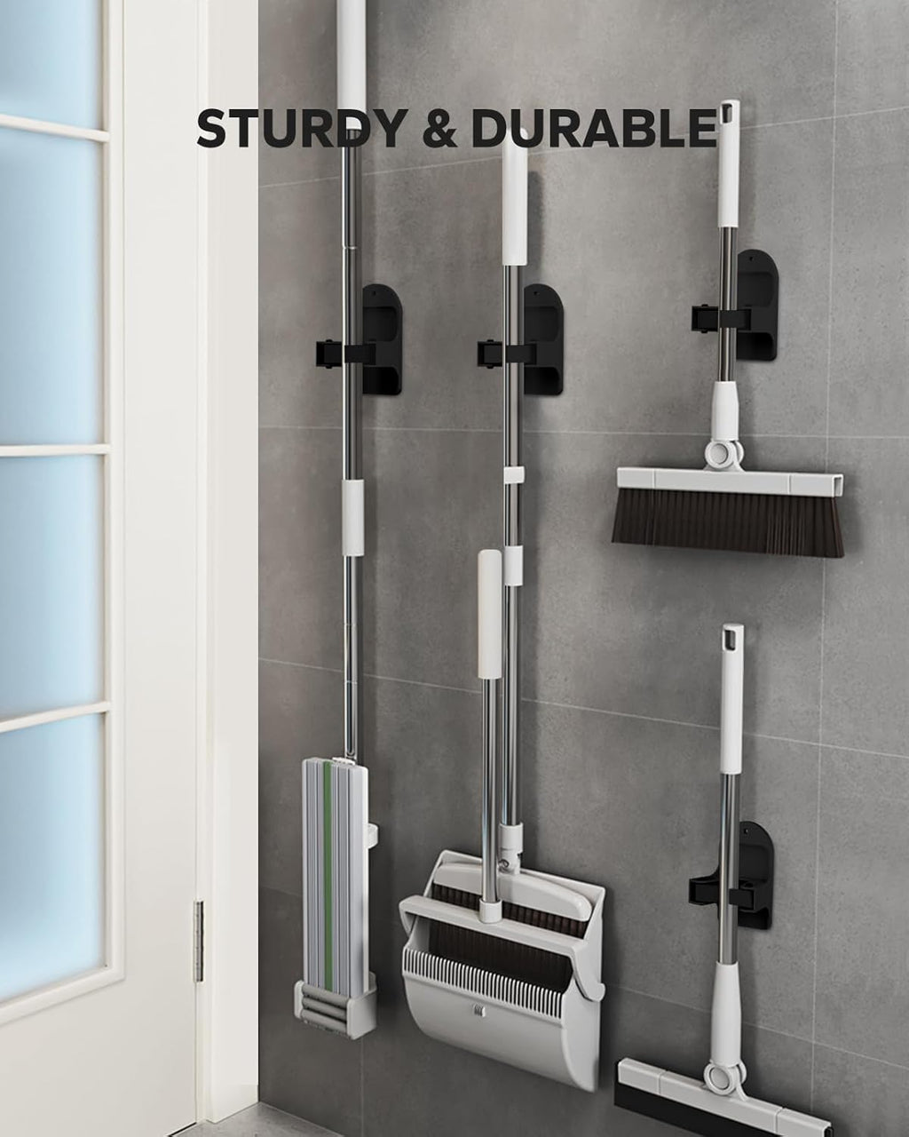 Broom Holder Wall Mount (Black 4 Count), Broom Holder, Broom and Mop Organizer Wall Hanging, Mop and Broom Holder Wall Mount, Broom Organizer Wall Mount for Home, Kitchen, Garage Storage