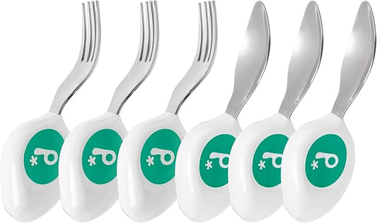 doddl Toddler Utensils, Ergonomic Fork and Spoon Set for Self Feeding, Stainless Steel Silverware for 1-3 Year Olds, BPA Free, Dishwasher Safe (Aqua (Triple Pack))