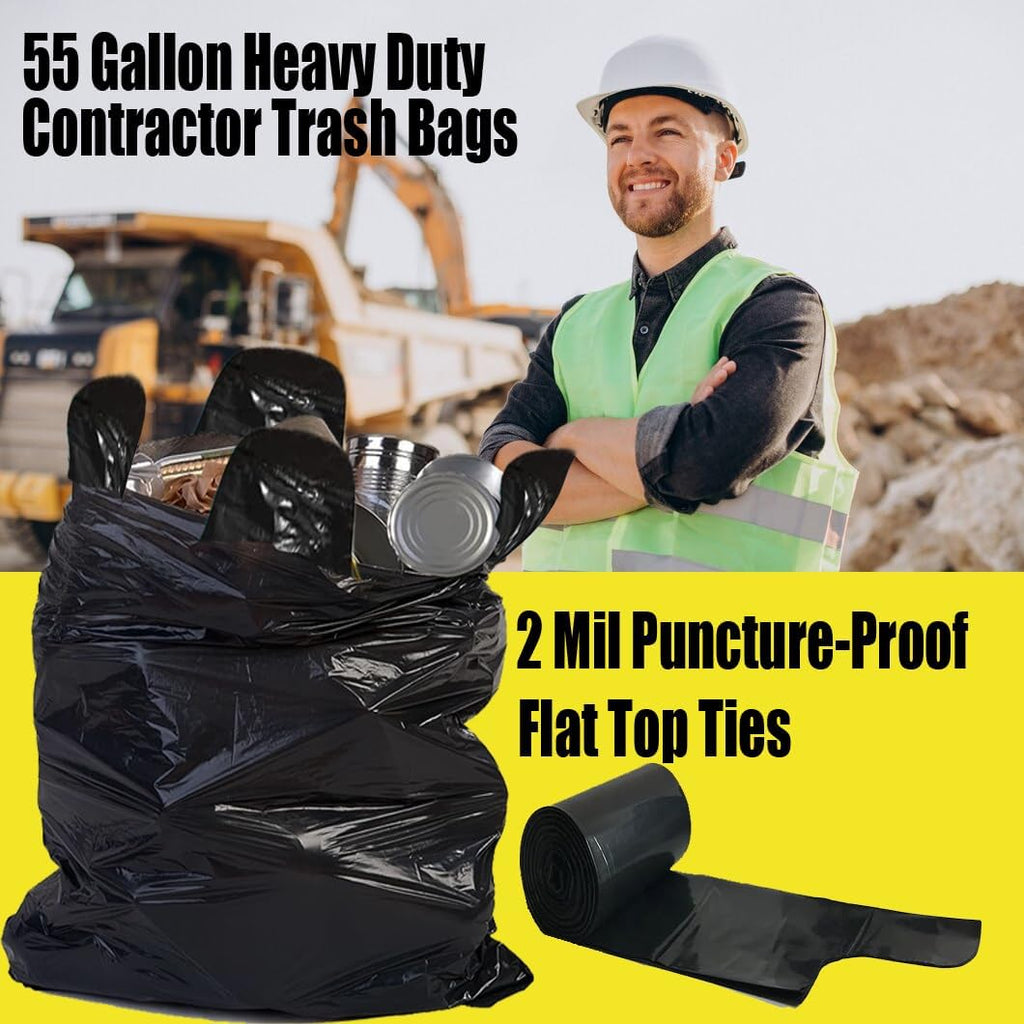 Contractor Heavy Duty Trash Bags 55 Gallon | 52 Count | 2 MIL | 36" X 56" | Large Black Flap Tie Construction Garbage Bags for Business Home Commercial, Industrial, Storage, Outdoor