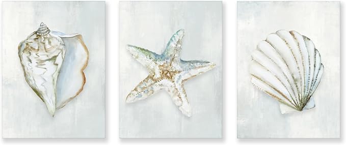Seashell Bathroom Decor Blue Conch Scallop Starfish Canvas Wall Art Modern by JAPOART
