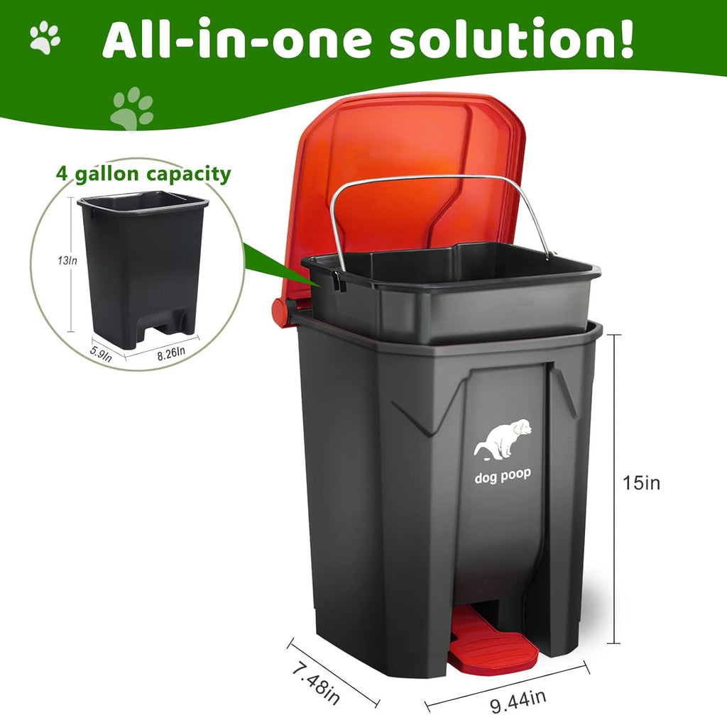 Dog Poop Trash Can Outside, 20L/5Gallon Dog Waste Trash Can with Lid, Pedal and Removable Inner Waste Bin, Pet Poop Bucket with 100 Bags, Red