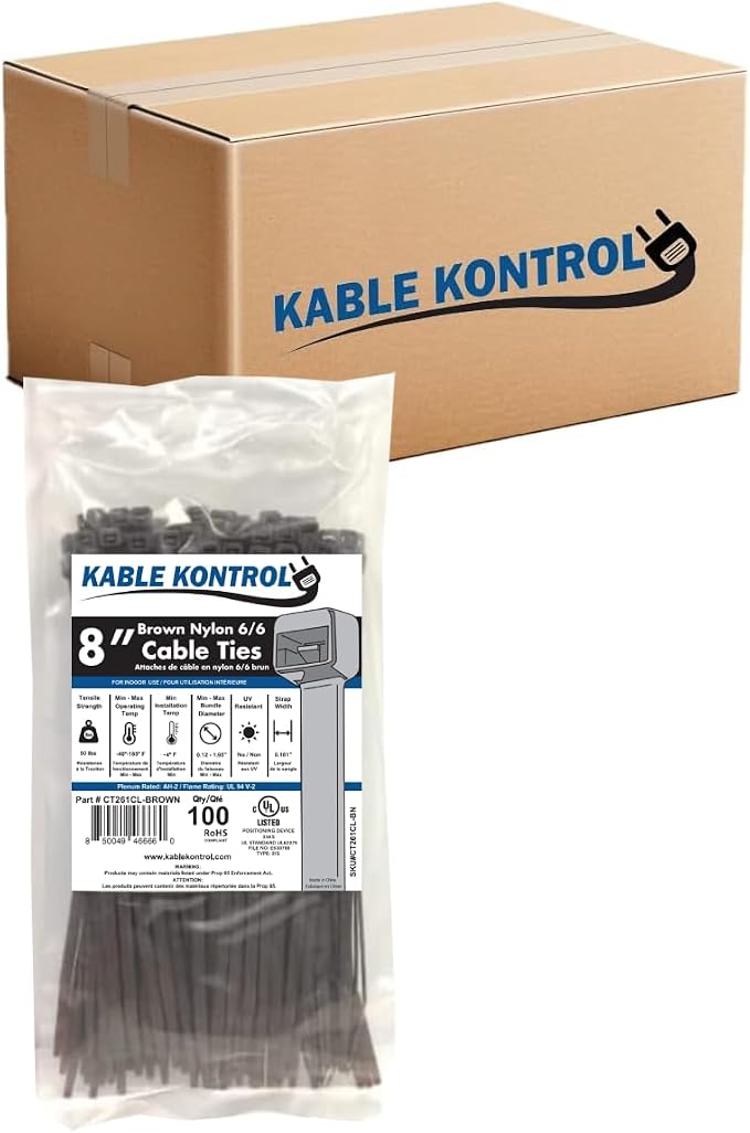 Kable Kontrol Brown Zip Ties 8 Inch 10, 50 Lbs Tensile Strength, Bulk Pack by KABLEKONTROL%C2%AE