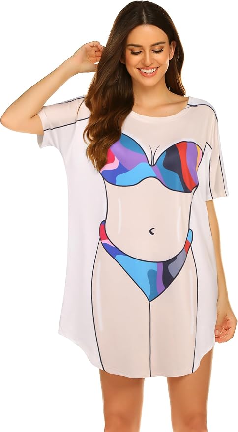 Ekouaer Women's Bikini Shirt Cover Up Short Sleeve Cute Bikini Print Cover-Up - Image 3