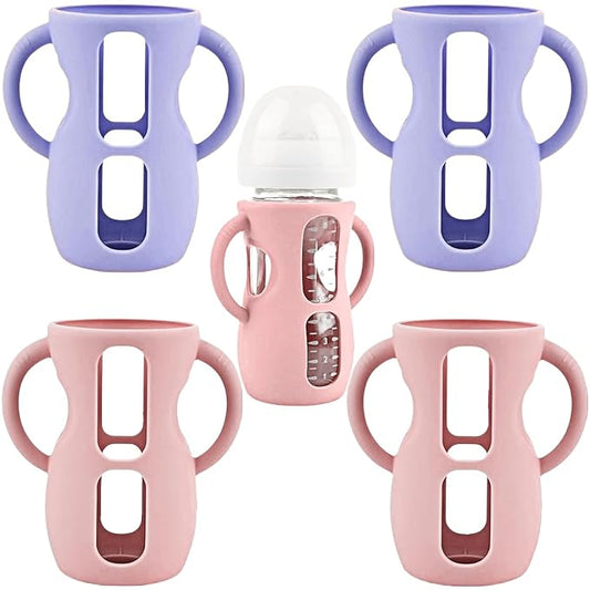 4 Pack Silicone Sleeves for Avent Natural Glass Baby Bottles, Silicone and Easy-Grip Handles for Drop Protection, Compatible with Philips Avent 4/8 OZ Glass Bottle (2 Pink+2 Purple, 8 OZ)