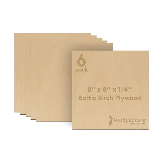 6 mm Baltic Birch Plywood 1/4 x 8 x 8 Inch, Box of 6 B/BB Grade Craft Wood by Woodpeckers