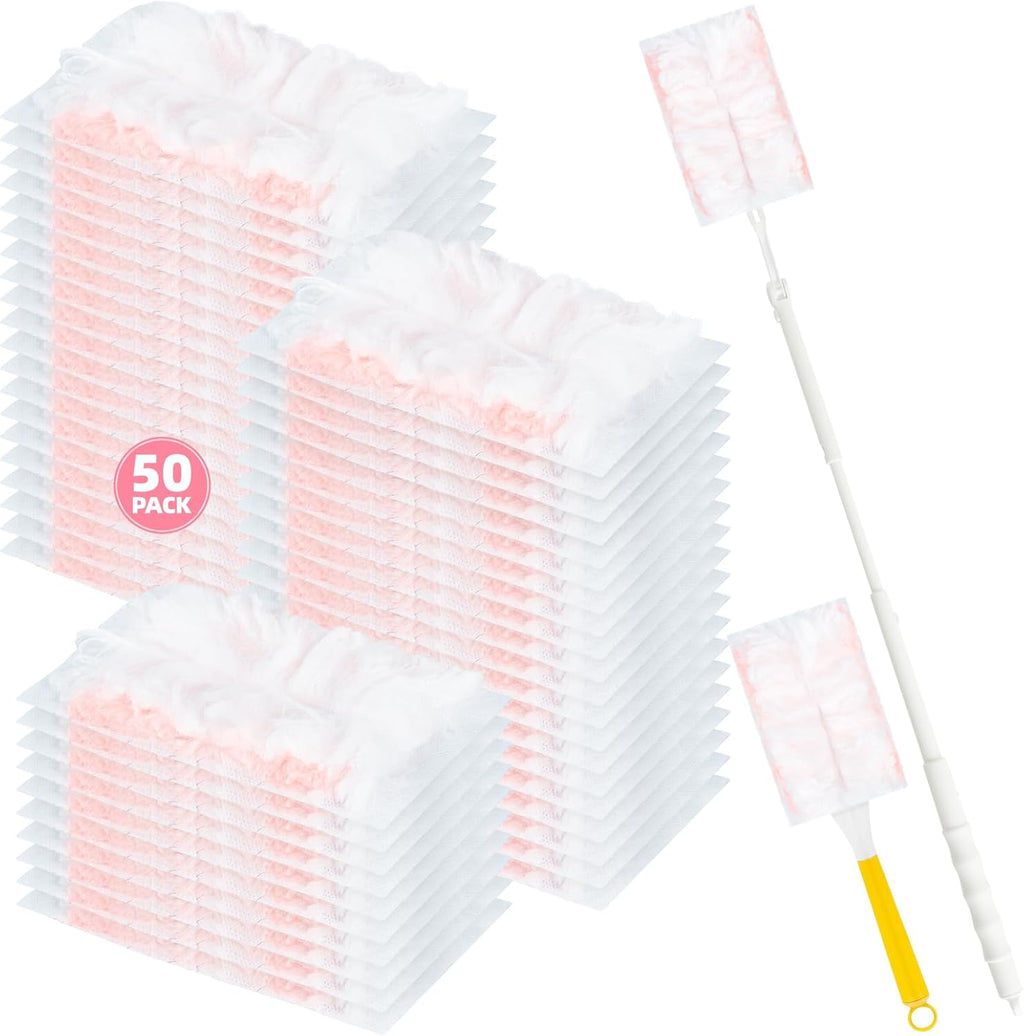 52 Count Disposable Duster Refills for Cleaning, 180° Dusters Refills Compatible with Swiffer (Pink, 50 Count Dust Removal Brushes + 1 Standard Handle + 1 Extended Handle)