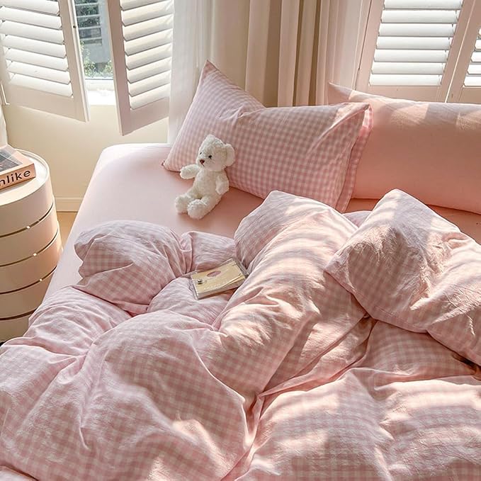 Nayoroom Gingham Duvet Cover Twin Size Pink White Plaid Checkered Comforter - Image 3
