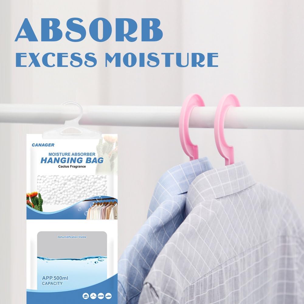 CANAGER Hanging Moisture Absorber, Cactus Fragrance Moistureproof Hanging Bag, Dehumidifier Bag (8 packs) Hanging Closet Dehumidifier Bags, Moisture Absorb 12.5 oz.