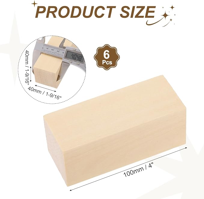 MECCANIXITY 6Pcs Basswood Sticks, 1.6" x 1.6" x 4" Square Wooden Dowel Rods - Image 2