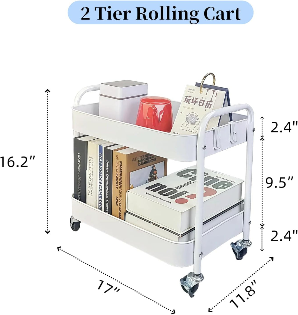 2 Tier Metal Rolling Cart with Wheels for Under Desk Storage & Pantry Storage, High Load-Bearing Kitchen Utility Cart for Small Space, Laundry Room Organization Side Table with 4 Hooks, White