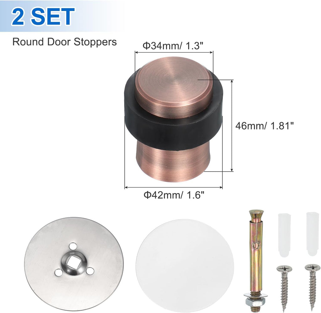 PATIKIL 2Set Round Door Stoppers, 46mm Stainless Steel Door Stop Doorstop Wedge Metal Cylinder Self Adhesive with Screw for Bottom of Door Floor Inside, Copper Tone