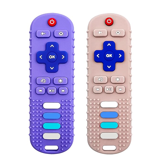 Baby Teething Toys, Food Grade Silicone Teether for Babies 3 6 12 18 Months, TV Remote Shape Toddlers Chew Toys, Freezer BPA Free (Purple+Khaki)