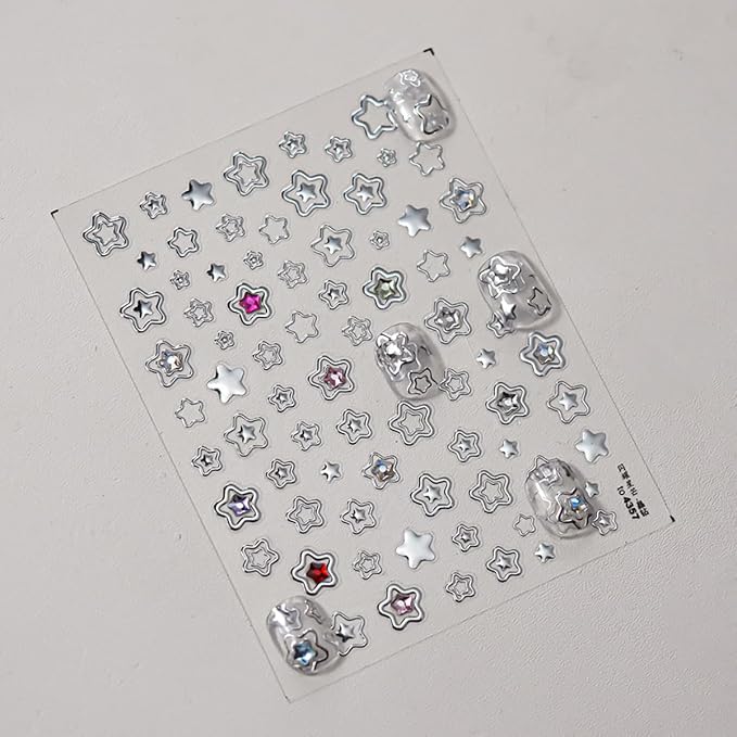 Star Nail Art Stickers Silver Star 5D Embossed Nail Decals - Image 7