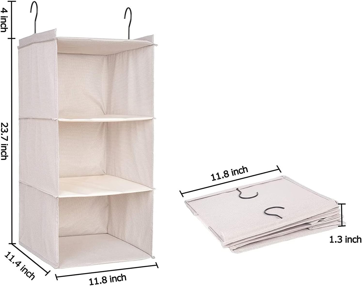 Hanging Closet Organizer, Easy Mount Foldable 3-Shelf Hanging Closet Wardrobe Storage Shelves, Clothes Handbag Shoes Accessories Storage, Imitation Linen Fabric, Beige Houndstooth