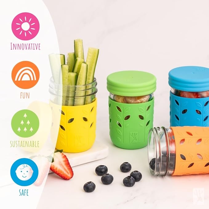 Elk and Friends Kids + Toddler Glass Cups | The Original 8oz Glass Mason Jar with Sleeves + Lids | Silicone Straws + Stopper | Smoothie Cup | Food Storage | Spill Resistant | Dishwasher Safe | 4 Pack