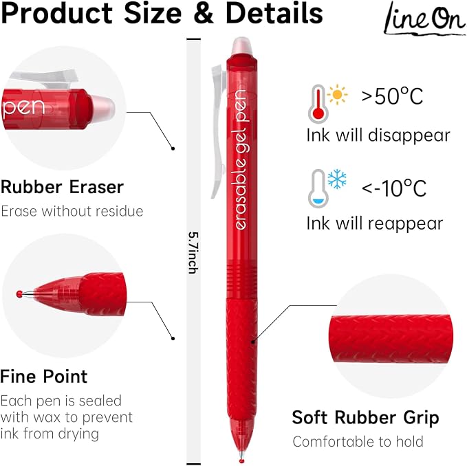 Lineon Erasable Gel Pens, 12 Colors Retractable Fine Point Erasable Pens Clicker - Image 4