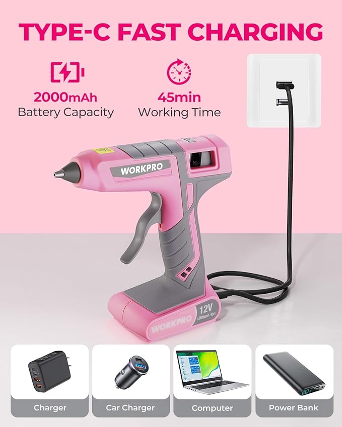 WORKPRO Full Size Cordless Hot Melt Glue Gun - 12V Rechargeable Fast Preheating - Image 4