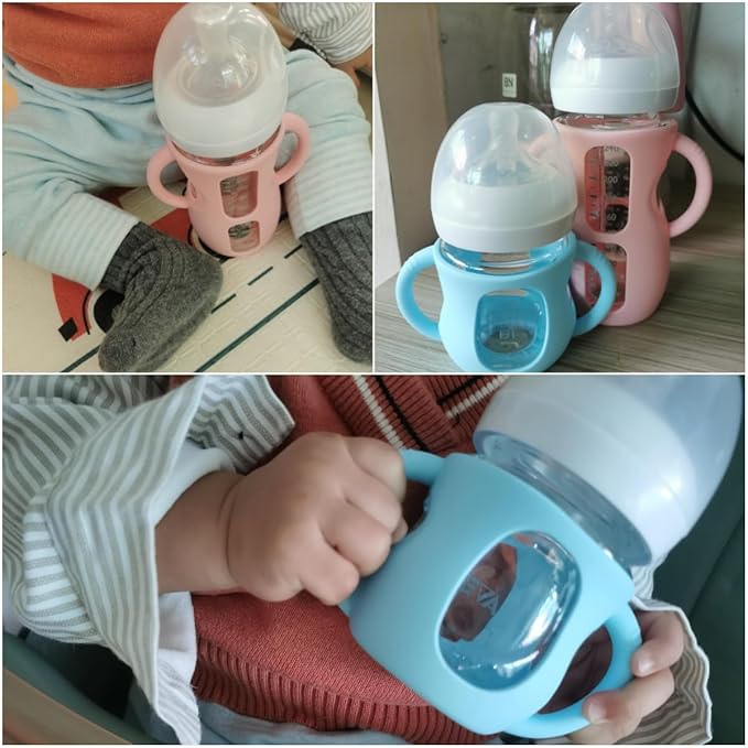 4 Pack Silicone Sleeves for Avent Natural Glass Baby Bottles, Silicone and Easy-Grip Handles for Drop Protection, Compatible with Philips Avent 4/8 OZ Glass Bottle (2 White+2 Blue, 4 OZ)