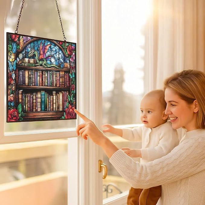 Rectangle Whimsical Dragon On Bookshelves Stained Glass Suncatcher Stained - Image 5