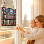 Rectangle Whimsical Dragon On Bookshelves Stained Glass Suncatcher Stained - Image 5