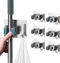 Mop Broom Holder No Drill, Mop Broom Organizer Wall Mounted Heavy Duty with Hooks Hanger, Self Adhesive Stainless Steel 4Pcs for Bathroom, Kitchen, Office (Silver)