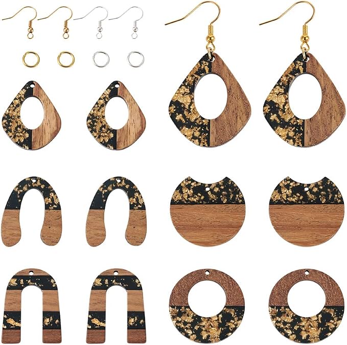 FASHEWELRY 10Pcs Resin Wood Earrings Charms Teardrop Flat Round Wooden Earring by FASHEWELRY