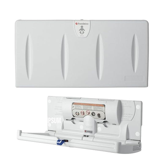 Foundations Classic Horizontal Baby Changing Station w/EZ Mount Backer Plate, Wall Mounted, One Handed Adjustable Safety Strap & Liner Dispenser, Gray (100-EH-BP)