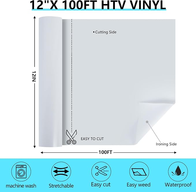 HTVVETUR White Iron on Vinyl Roll 12" x 100ft, HTV Heat Transfer Vinyl - Image 2