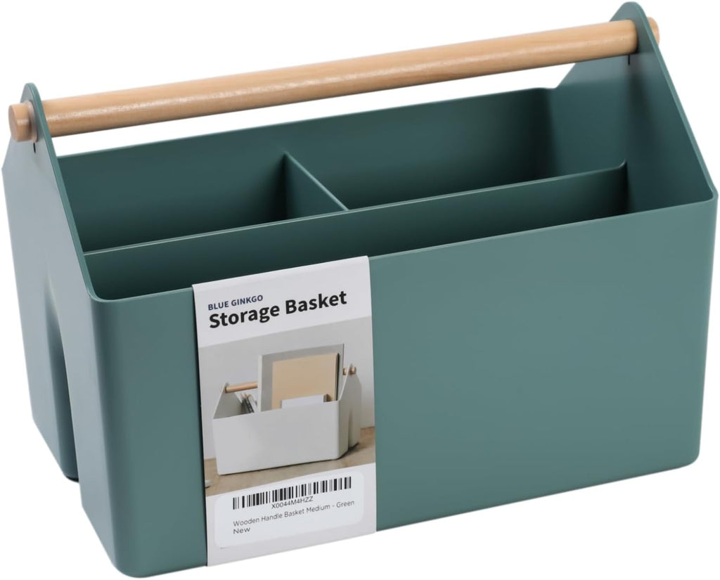BLUE GINKGO Medium Storage Basket – Plastic Caddy with Wooden Handle for Office, Arts & Crafts, or Home Supplies (Green)