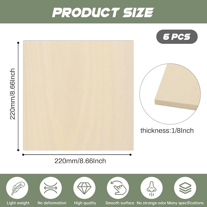 6 Pack Plywood Sheets, 8.66" x 8.66"x 1/8" Basswood Sheets | 3mm Basswood Craft - Image 2